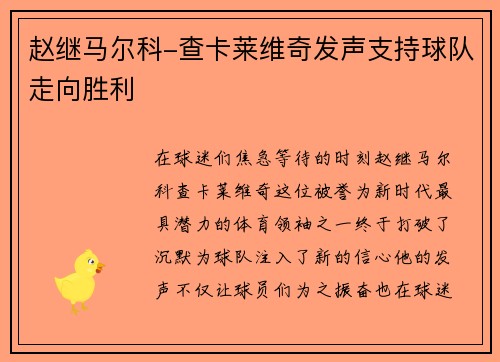 赵继马尔科-查卡莱维奇发声支持球队走向胜利