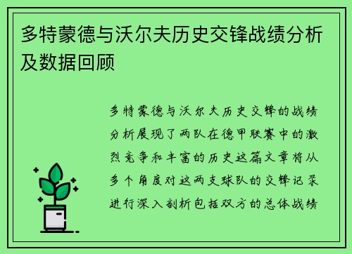 多特蒙德与沃尔夫历史交锋战绩分析及数据回顾
